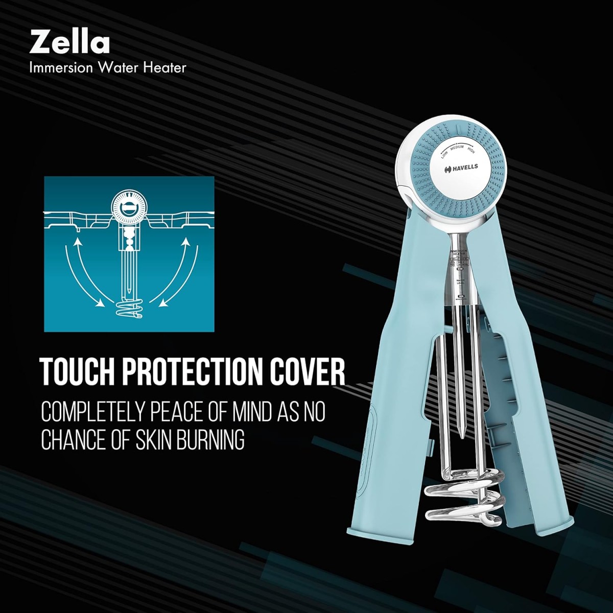 Havells Plastic Zella 1500 watts Immersion Heater|Automatic Cut-Off,Temp. Setting,Isi Mark 3 Pin Molded Plug|Protection Cover,Nickel Plating,Smart Switch For Safe Operation,Warranty: 2 Year|(Blue)