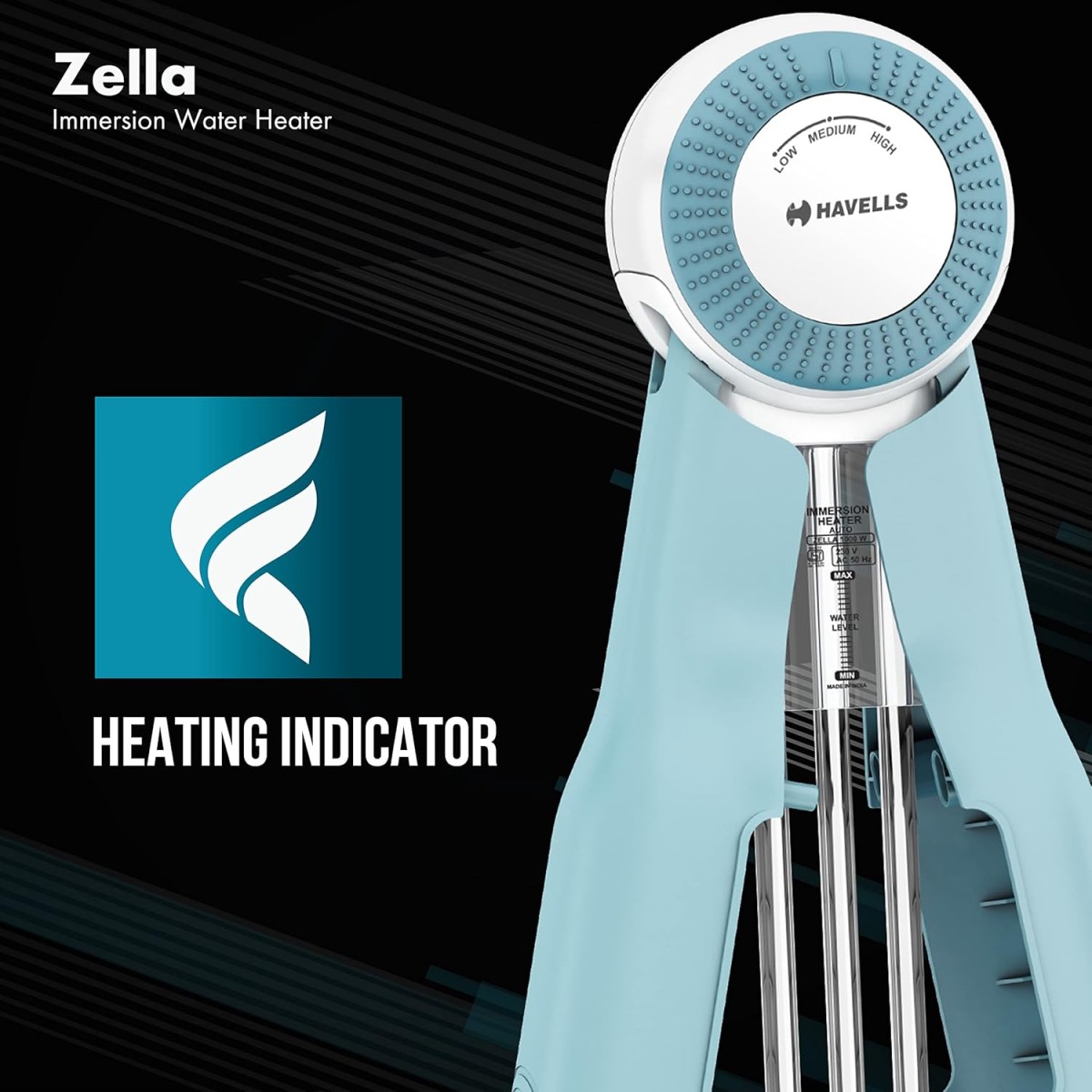 Havells Plastic Zella 1500 watts Immersion Heater|Automatic Cut-Off,Temp. Setting,Isi Mark 3 Pin Molded Plug|Protection Cover,Nickel Plating,Smart Switch For Safe Operation,Warranty: 2 Year|(Blue)