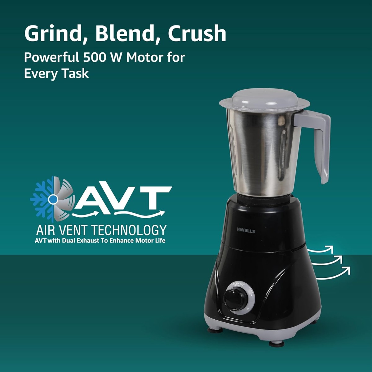 Havells Pulse 500 Watt Mixer Grinder|3 Stainless Steel Leak-Resistant Jars (400ml, 800ml, 1.2L)|3 Speed Control|Heavy-Duty ABS Body|Durable SS Blades|Air Vent Technology |1 Year Product Warranty|Black