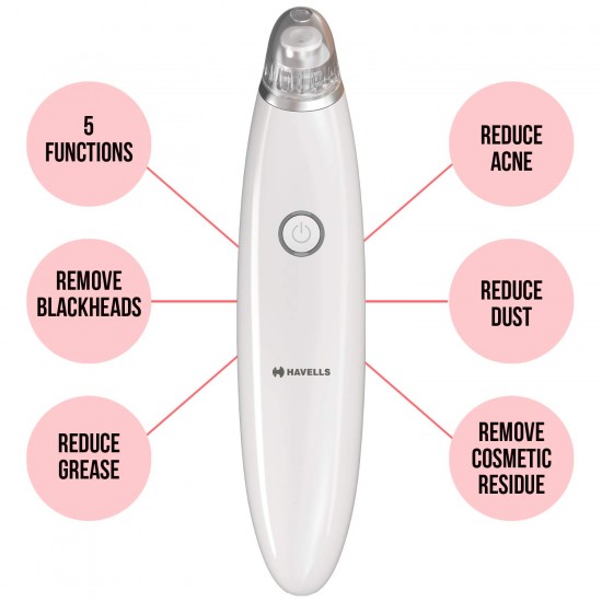 Havells SC5060 Pore Cleanser, Blackhead/ Whitehead Remover, 3 Suction Modes - Low/ Medium/ High, Fast Charge (White)