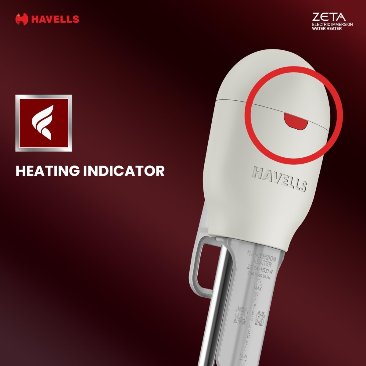 Havells Zeta 1500 watt Immersion Heater | ISI Mark Heavy Duty 3 Pin Moulded Plug, Touch Protection Cover | Waterproof, Heating Indicator, Nickel Plating, Warranty: 2 Year comprehensive |(Grey) Plastic