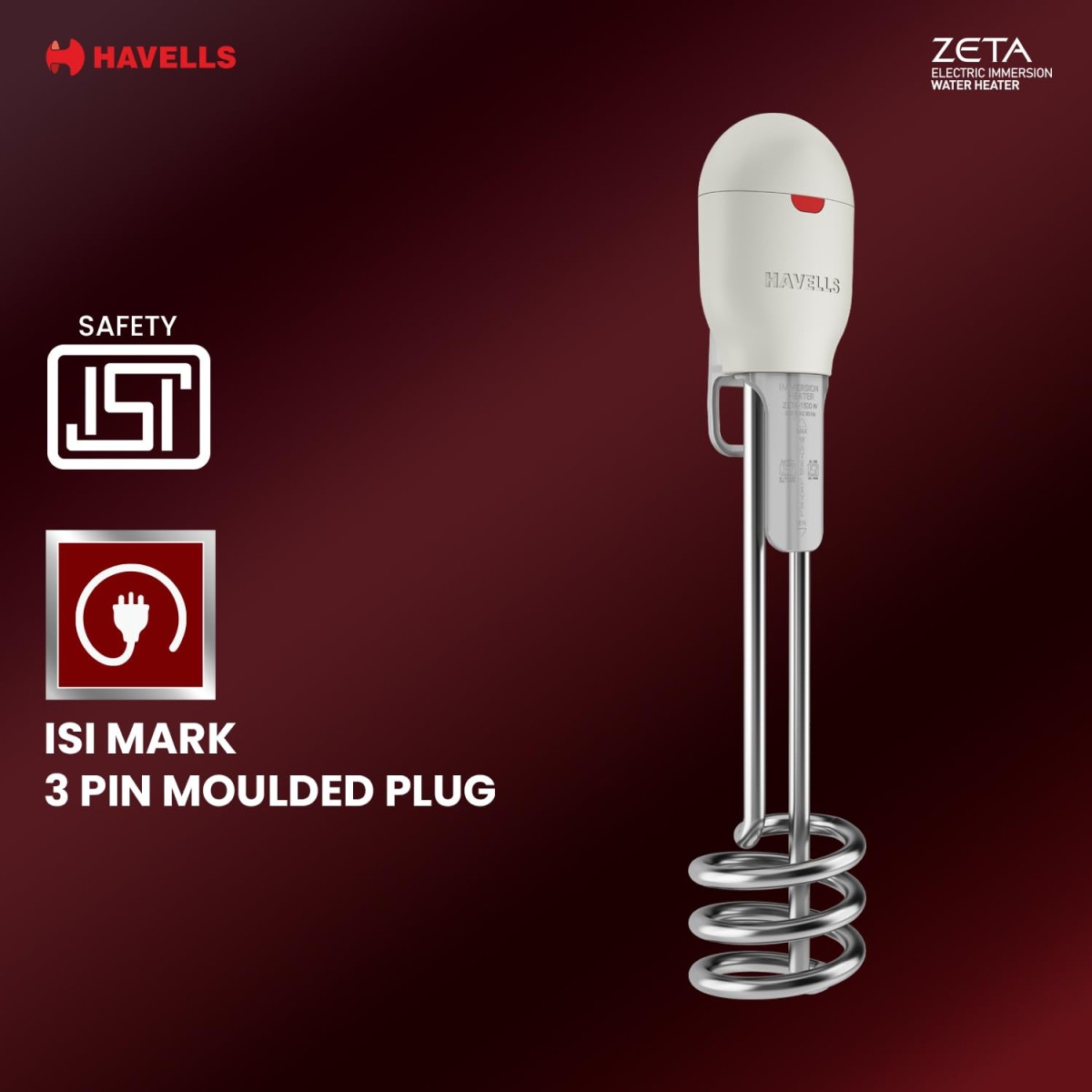 Havells Zeta 1500 watt Immersion Heater | ISI Mark Heavy Duty 3 Pin Moulded Plug, Touch Protection Cover | Waterproof, Heating Indicator, Nickel Plating, Warranty: 2 Year comprehensive |(Grey) Plastic