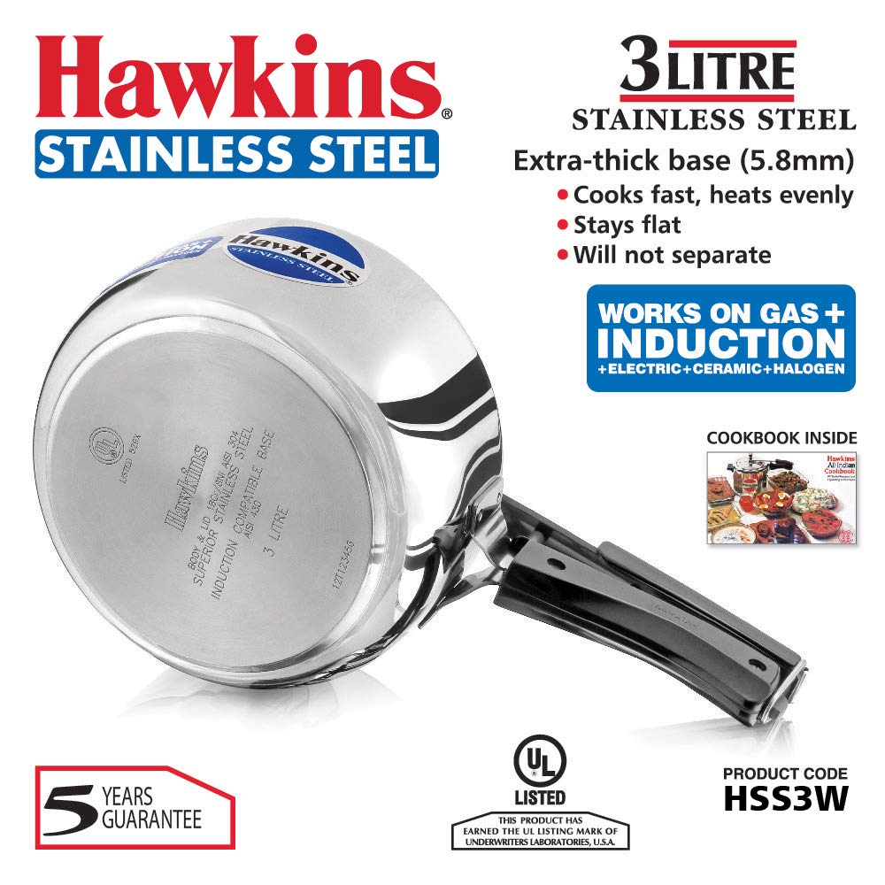 Hawkins 3 Litre Inner Lid Pressure Cooker, Stainless Steel Cooker, Induction Cooker, Silver (HSS3W)