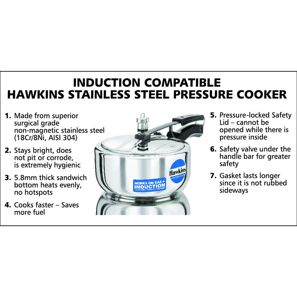 Hawkins 3 Litre Inner Lid Pressure Cooker, Stainless Steel Cooker, Induction Cooker, Silver (HSS3W)