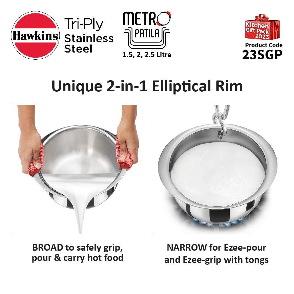 Hawkins 3-Piece Triply Stainless Steel Gift Set | Induction Safe | Stackable Design | Elliptical Rim for Better Grip & Handling | Silver (23SGP)|Induction and Gas Stove Compatible