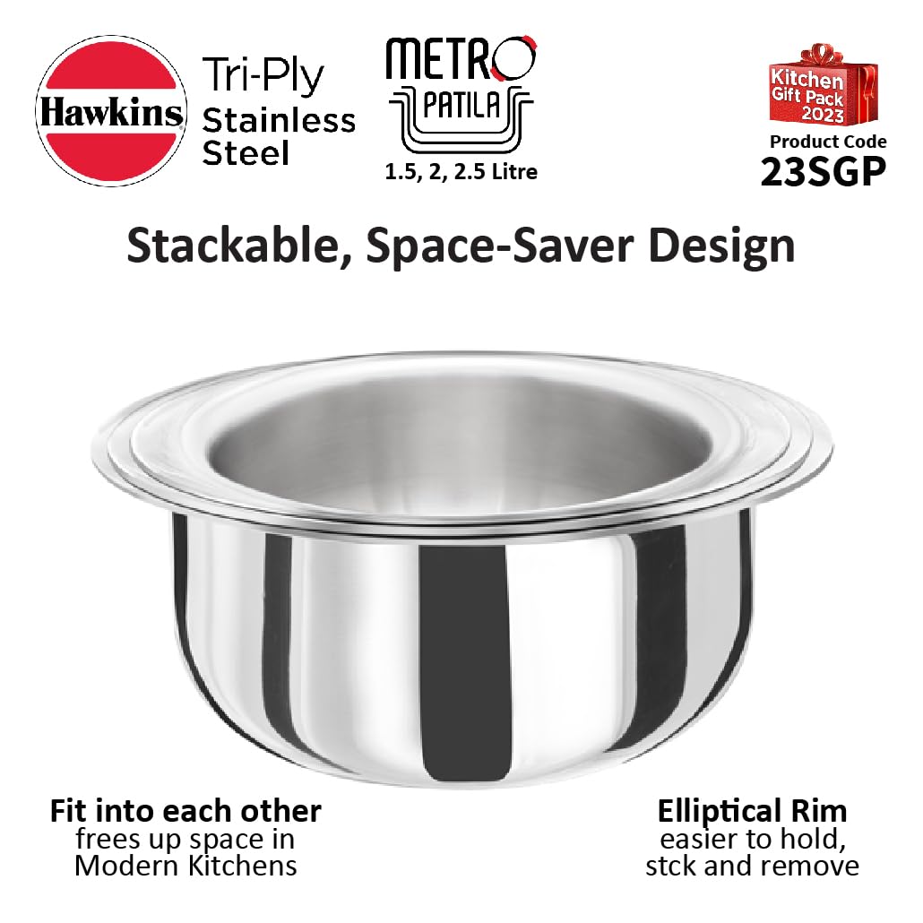 Hawkins 3-Piece Triply Stainless Steel Gift Set | Induction Safe | Stackable Design | Elliptical Rim for Better Grip & Handling | Silver (23SGP)|Induction and Gas Stove Compatible
