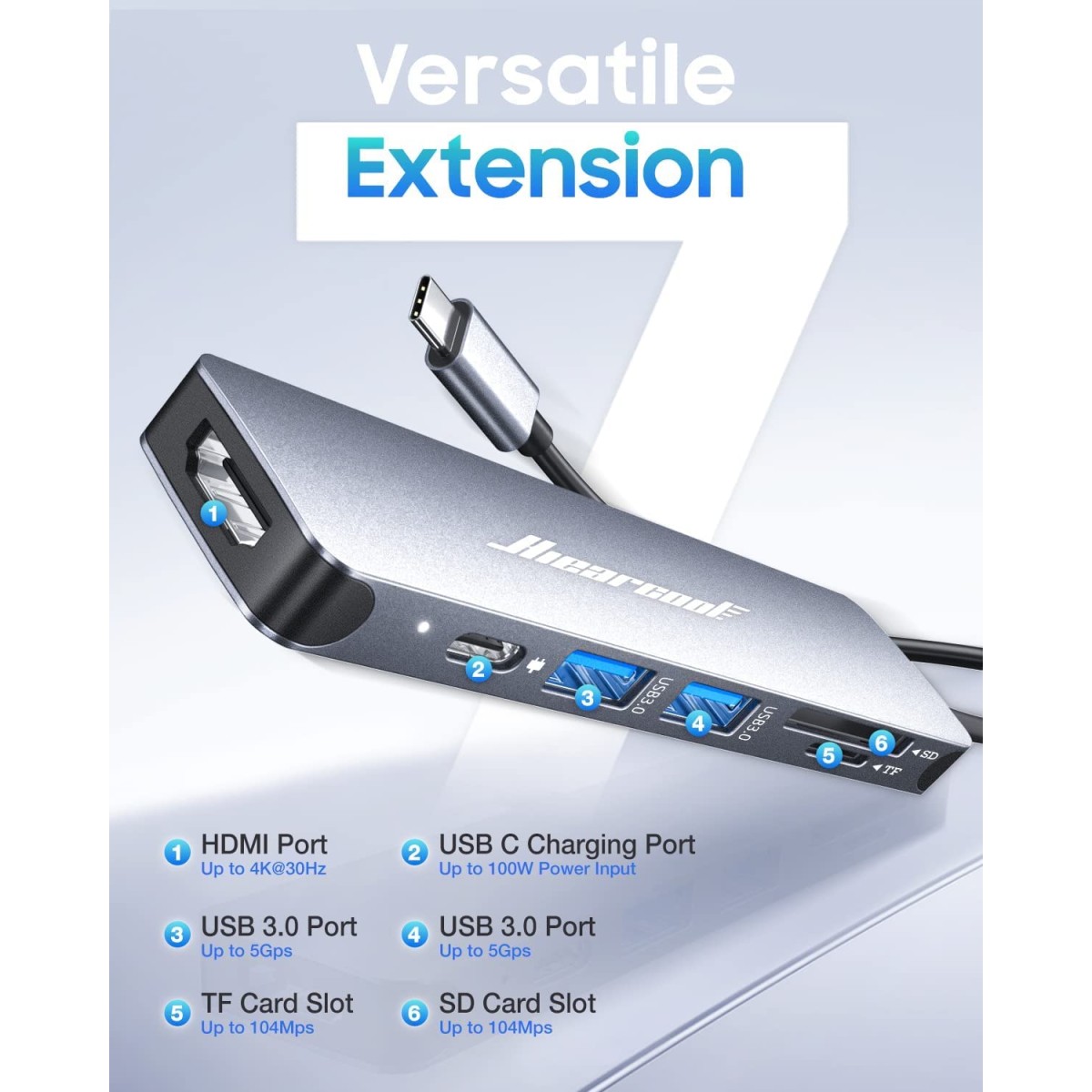 Hiearcool 7 in 1 USB C Hub, MacBook Pro Adapter, 4K HDMI, USB3.0, SD/TF Card Reader, 100W PD, Compatible UCN3286 Hiearcool 7 in 1 USB C Hub, MacBook Pro Adapter, 4K HDMI, USB3.0, SD/TF Card Reader, 100W PD, Compatible UCN3286