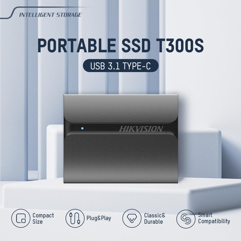 Hikvision 1TB Portable External SSD, Ultra Slim Metal Body USB 3.1 with Shock & Drop Protection– Durable Design for Laptop, PC, Mac, Gaming, Photographers & Content Creators, USB Type-C,HS-ESSD-T300S