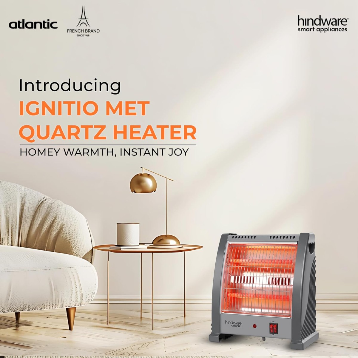 Hindware Atlantic 800 Watts Quartz Room Heater With High Safety Grill - Ignitio (Grey), Compact (HQRHIN21GNL1)