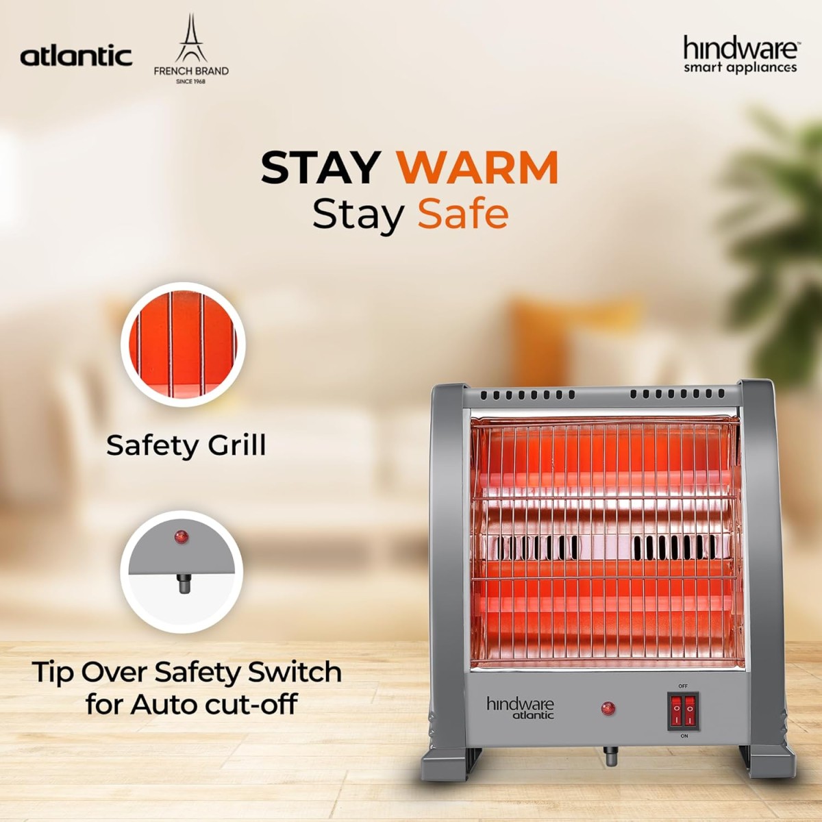 Hindware Atlantic 800 Watts Quartz Room Heater With High Safety Grill - Ignitio (Grey), Compact (HQRHIN21GNL1)