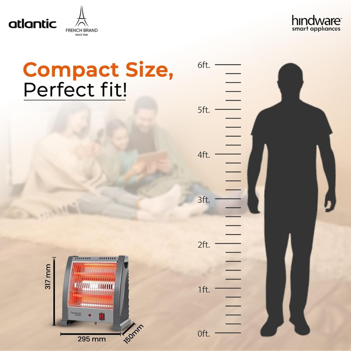 Hindware Atlantic 800 Watts Quartz Room Heater With High Safety Grill - Ignitio (Grey), Compact (HQRHIN21GNL1)