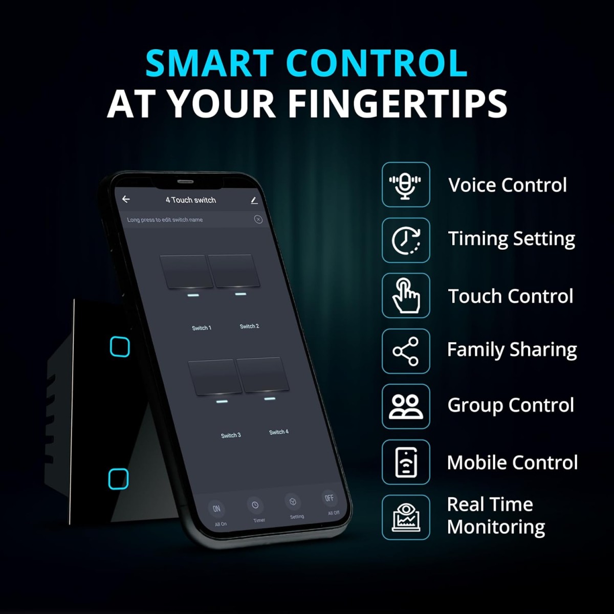 HomeMate® Wi-Fi Smart 4 Gang Touch Switch (Black, Pack of 1) | No Hub Required | Works with Amazon Alexa, Google Assistant & Siri HomeMate® Wi-Fi Smart 4 Gang Touch Switch (Black, Pack of 1) | No Hub Required | Works with Amazon Alexa, Google Assistant & Siri