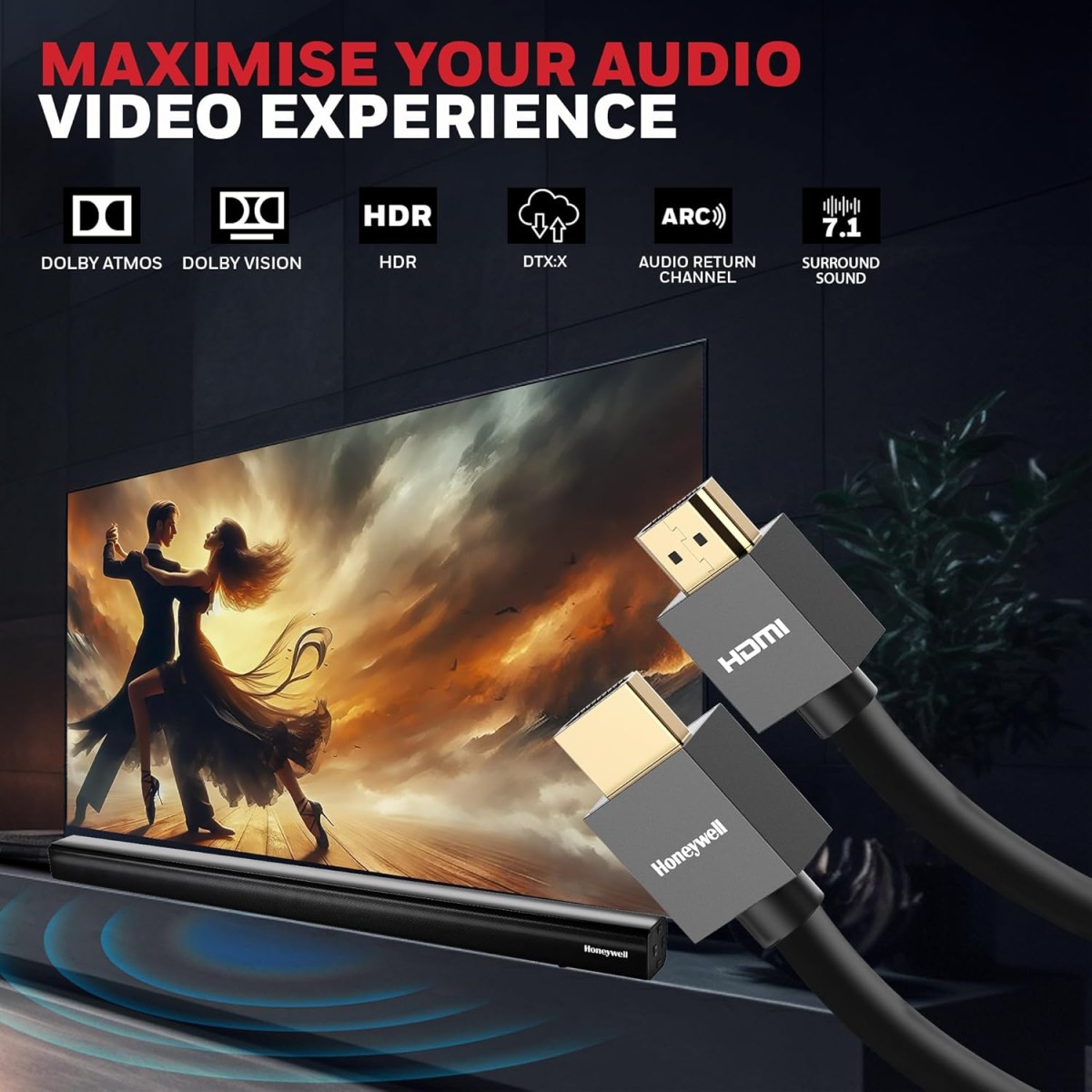 Honeywell HDMI Cable v2.0 with Ethernet, 3D/4K@60Hz Ultra HD Resolution, 5 Mtr, 18 GBPS Transmission Speed, High Speed