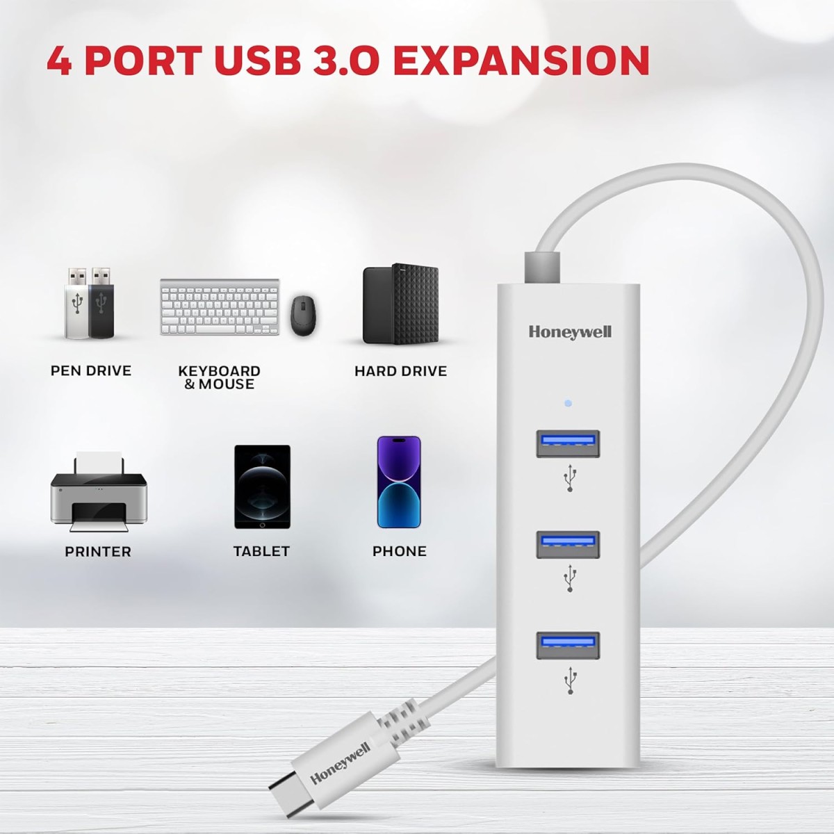 Honeywell Momentum Type C to 4xUSB 3.0 Hub, Super-Fast Transmission Speed 5GBPS, Max Current 900mA per Port, Universally
