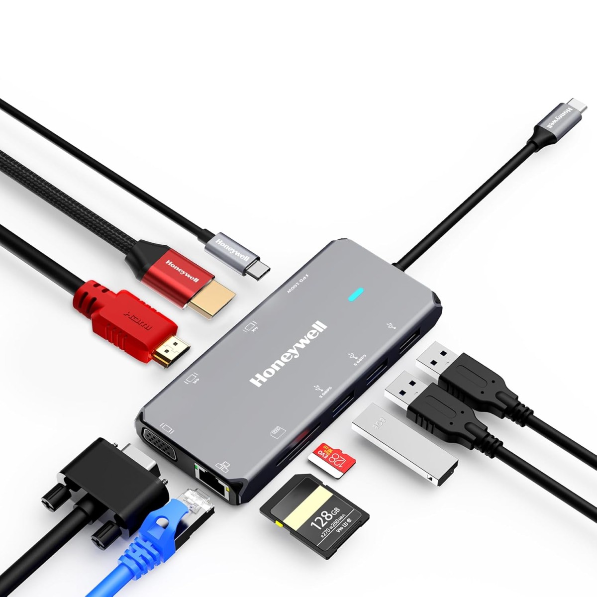 Honeywell New Launch 10-in-1 Type C Dock with Dual 4K HDMI, 1GBPS RJ45 Ethernet Port, 2xUSB 3.0, 1xUSB 2.0 & Type C 3.0 PD100W, VGA Port, SD & MicroSD Slot, for All Type C Devices- Windows/MacBook