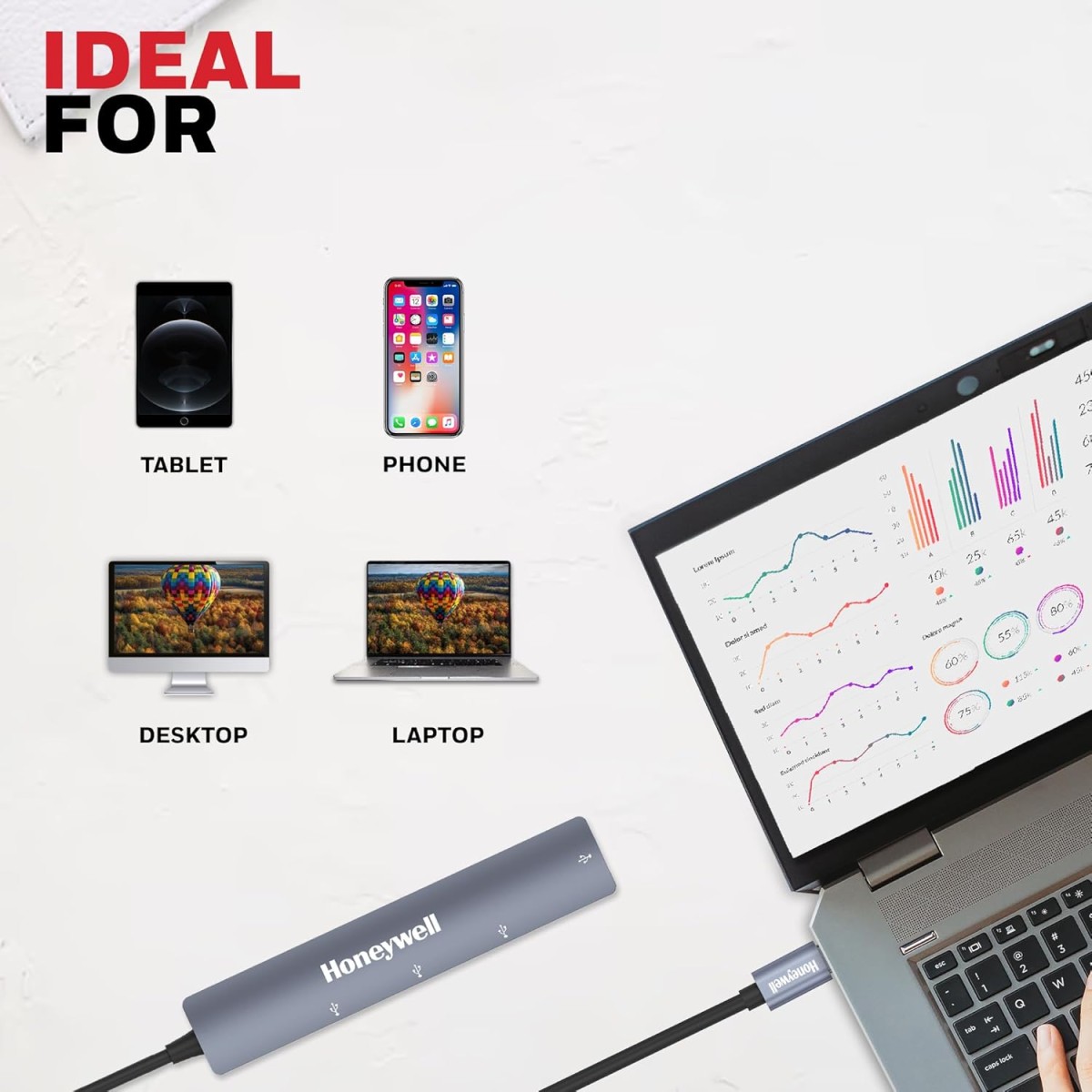 Honeywell Newly Launched 4in1 Ultra Slim Multiport Type C Hub to 1xUSB 3.0 & 3xUSB 2.0 Ports,30cms(1 feet) Cable