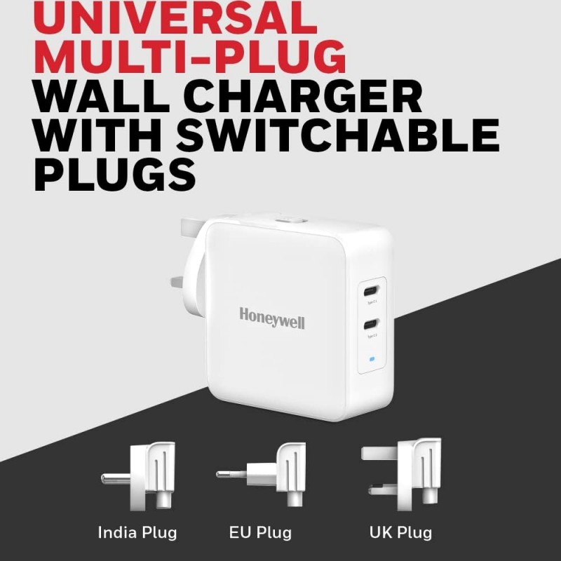 Honeywell Zest Charger GaN 65W, BIS Certified, 2xType C PD 3.0 Ports, Equipped with Switchable Plugs, Ultra-Fast Charging Compatible with iPhone, MacBook Air, iPad Pro, Pixel, Galaxy, Laptops, etc. Honeywell Zest Charger GaN 65W, BIS Certified, 2xType C PD 3.0 Ports, Equipped with Switchable Plugs, Ultra-Fast Charging Compatible with iPhone, MacBook Air, iPad Pro, Pixel, Galaxy, Laptops, etc.