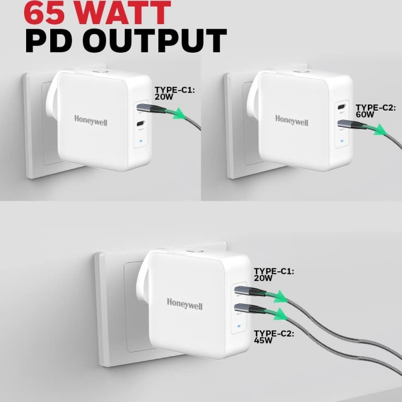 Honeywell Zest Charger GaN 65W, BIS Certified, 2xType C PD 3.0 Ports, Equipped with Switchable Plugs, Ultra-Fast Charging Compatible with iPhone, MacBook Air, iPad Pro, Pixel, Galaxy, Laptops, etc. Honeywell Zest Charger GaN 65W, BIS Certified, 2xType C PD 3.0 Ports, Equipped with Switchable Plugs, Ultra-Fast Charging Compatible with iPhone, MacBook Air, iPad Pro, Pixel, Galaxy, Laptops, etc.