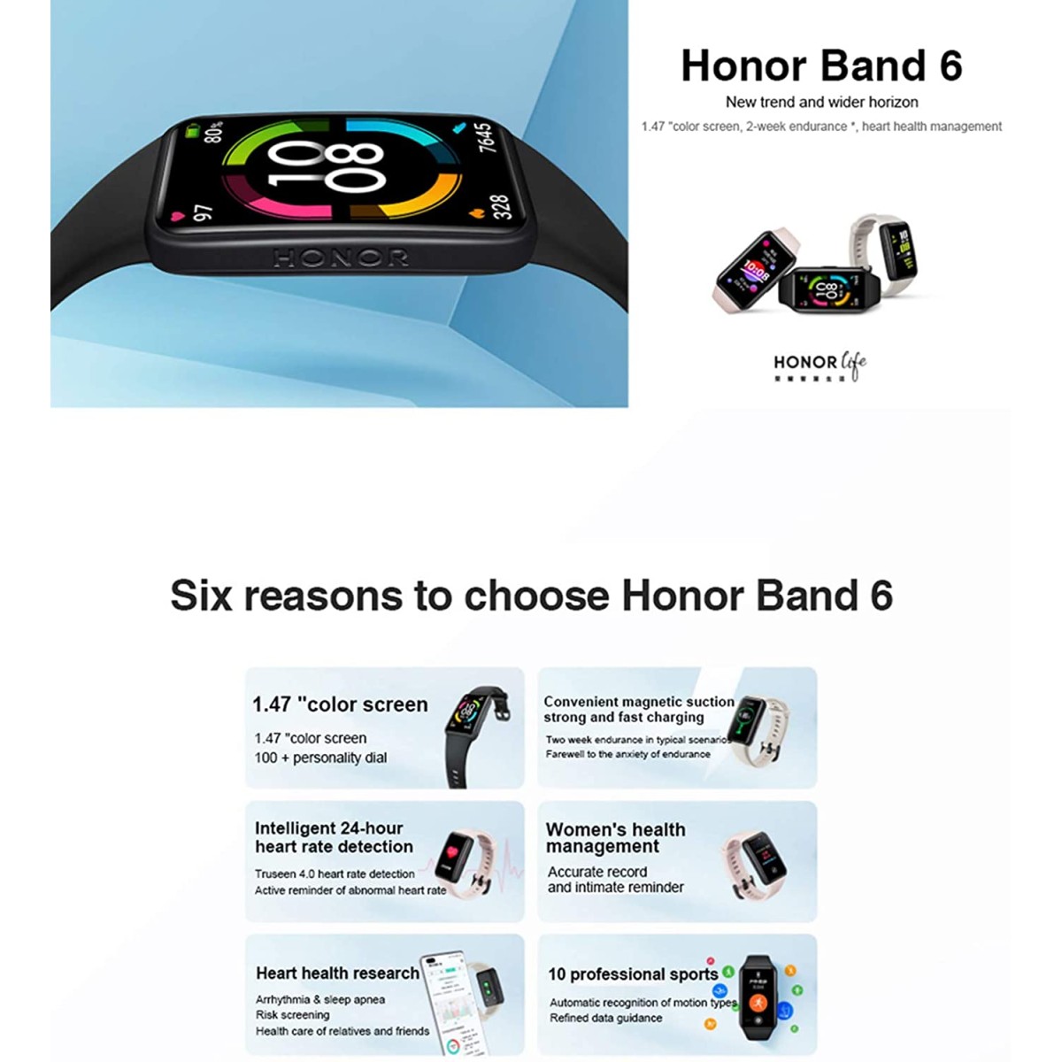 Honor Band 6 Smart Wristband 1st Full Screen 1.47" AMOLED Color Touchscreen Watch-Meteorite Black