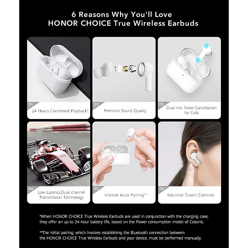 Honor Choice Bluetooth Earbuds Headphone Dual-Microphone, Noise Reduction for Calls, IP54 Waterproof and Dustproof Earphone, White