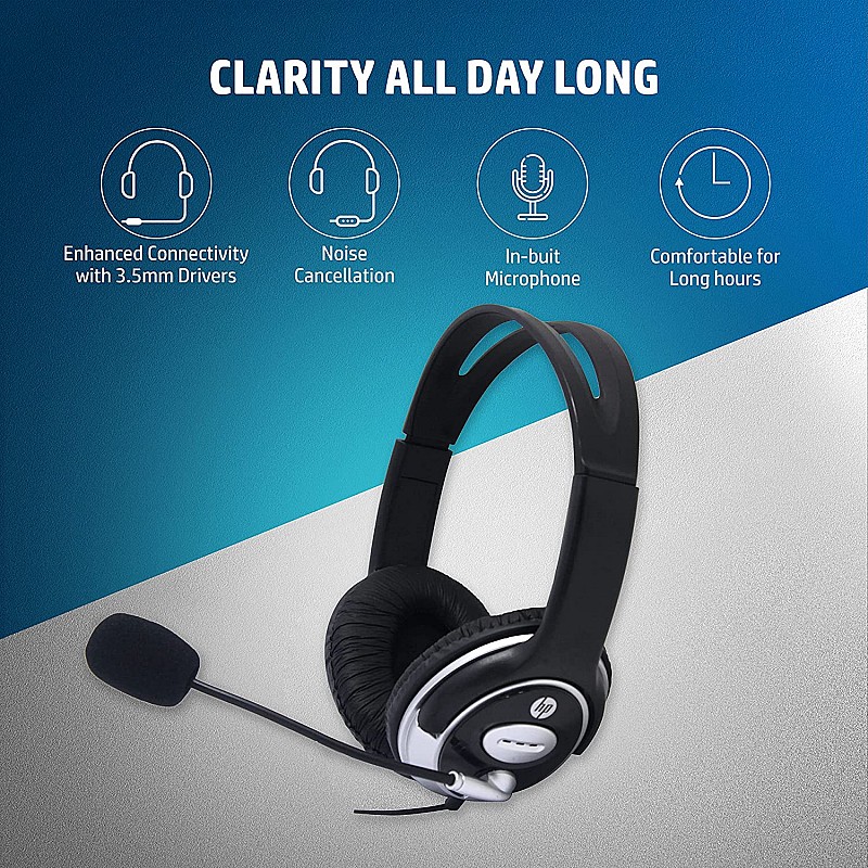 Hp Wired Over Ear Headphones With 35 Mm Drivers, With Mic, Foldable And Adjustable Headband   Black