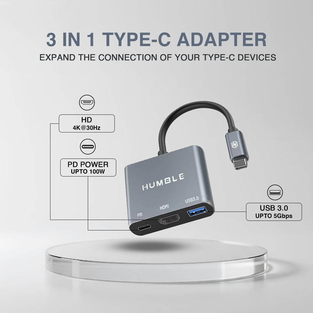 Humble USB-C to HDMI Adapter, 3-in-1 Hub with 4K@30Hz HDMI, USB 3.0 @ 5Gbps, 100W PD Charging Port for MacBook, Laptop, PC and Type-C Devices, (1 Year Warranty)