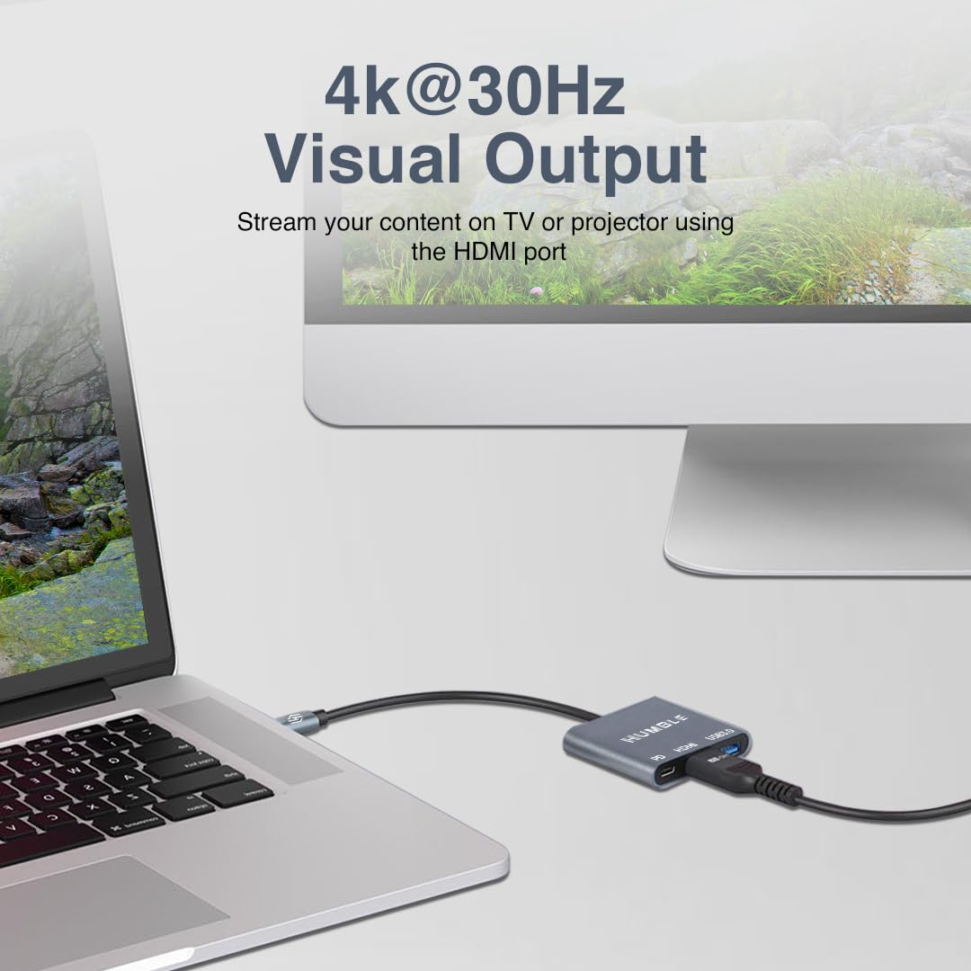 Humble USB-C to HDMI Adapter, 3-in-1 Hub with 4K@30Hz HDMI, USB 3.0 @ 5Gbps, 100W PD Charging Port for MacBook, Laptop, PC and Type-C Devices, (1 Year Warranty)