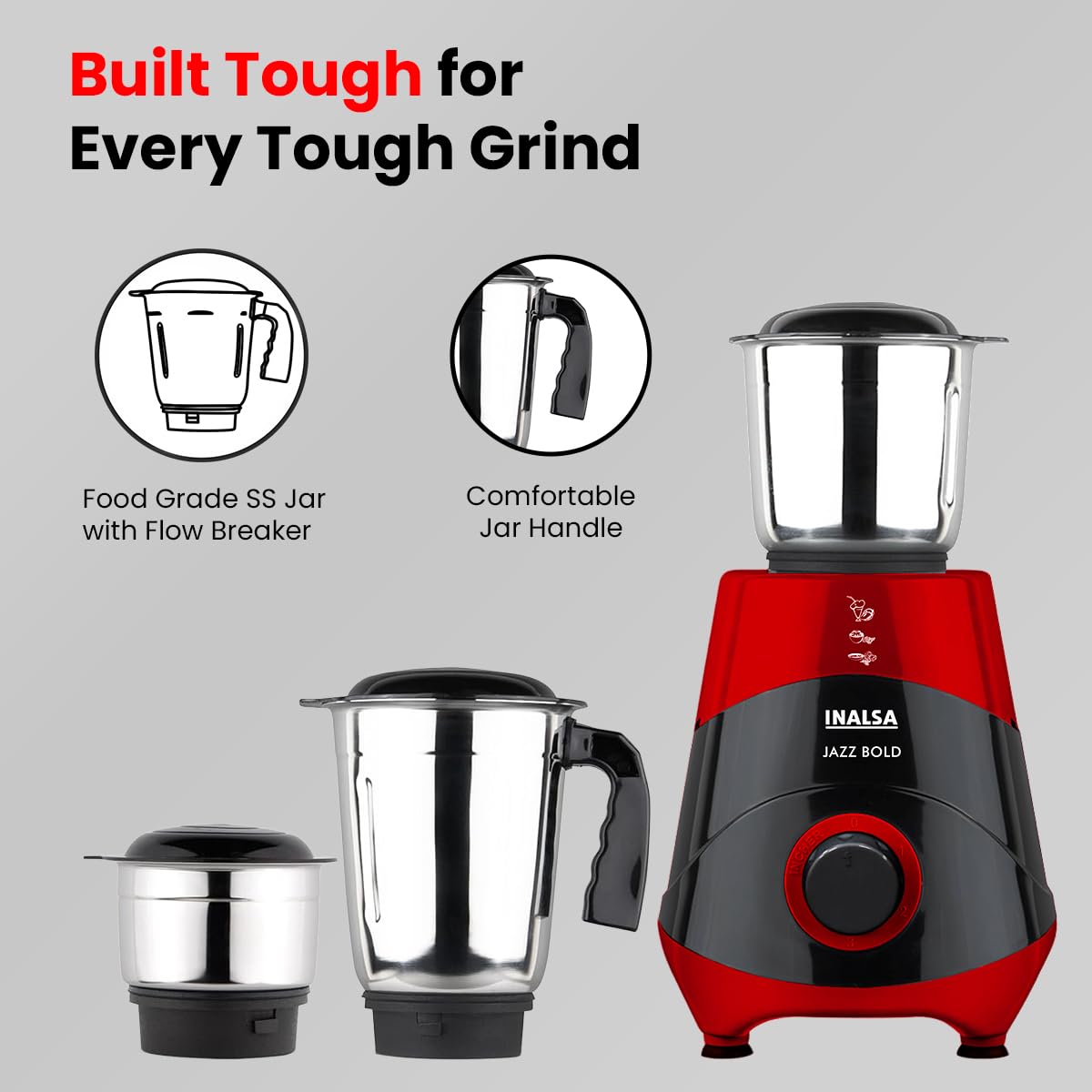 INALSA Mixer Grinder|500W Powerful Motor|High RPM 21000 for Finer Grinding Result|3 Stainless Steel Jars (1.2 L,0.8 L,0.4 L)|Leak-Proof Lid|3 Speed Control & Pulse Function|2 Year Warranty|Jazz Bold INALSA Mixer Grinder|500W Powerful Motor|High RPM 21000 for Finer Grinding Result|3 Stainless Steel Jars (1.2 L,0.8 L,0.4 L)|Leak-Proof Lid|3 Speed Control & Pulse Function|2 Year Warranty|Jazz Bold