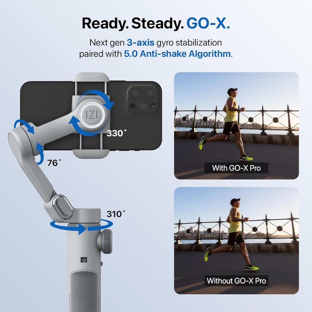 IZI GO-X Smartphone Handheld Gimbal Stabilizer, 3-Axis, OLED Display, LED Fill Light, Wireless Charge Pad, Android, iPhone, Live Video, Instagram, YouTube, Shot Guide, Smart AI Track, Portable Gimbal.