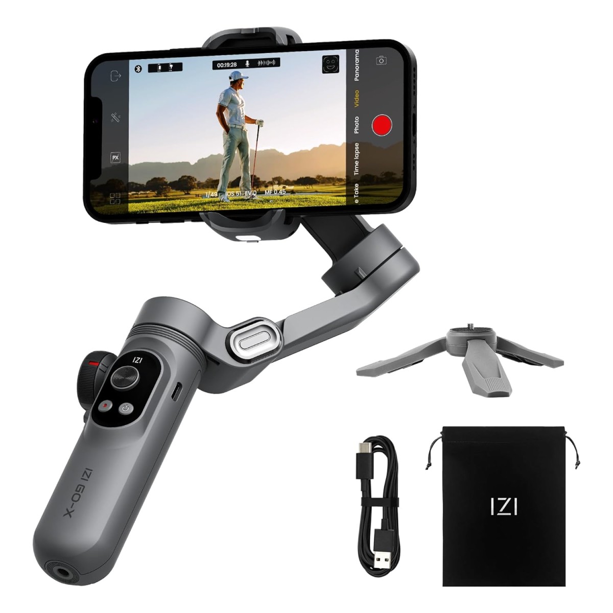 IZI GO-X Smartphone Handheld Gimbal Stabilizer, 3-Axis, OLED Display, LED Fill Light, Wireless Charge Pad, Android, iPhone, Live Video, Instagram, YouTube, Shot Guide, Smart AI Track, Portable Gimbal.