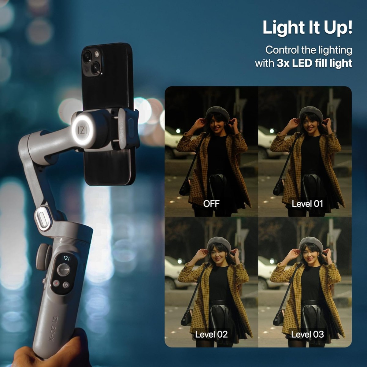 IZI GO-X Smartphone Handheld Gimbal Stabilizer, 3-Axis, OLED Display, LED Fill Light, Wireless Charge Pad, Android, iPhone, Live Video, Instagram, YouTube, Shot Guide, Smart AI Track, Portable Gimbal.