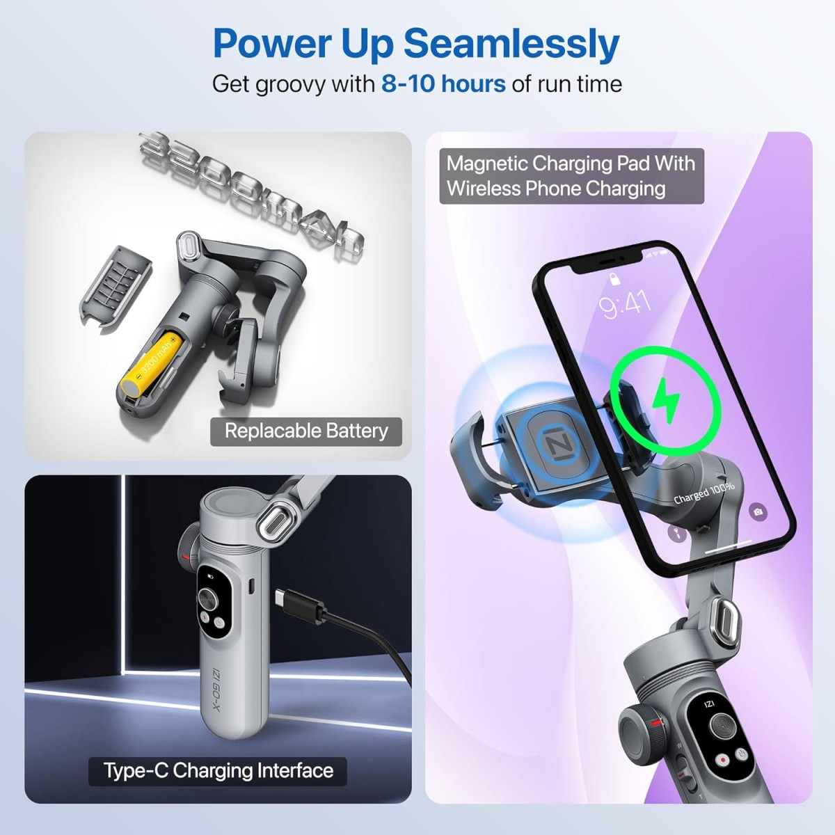 IZI GO-X Smartphone Handheld Gimbal Stabilizer, 3-Axis, OLED Display, LED Fill Light, Wireless Charge Pad, Android, iPhone, Live Video, Instagram, YouTube, Shot Guide, Smart AI Track, Portable Gimbal.