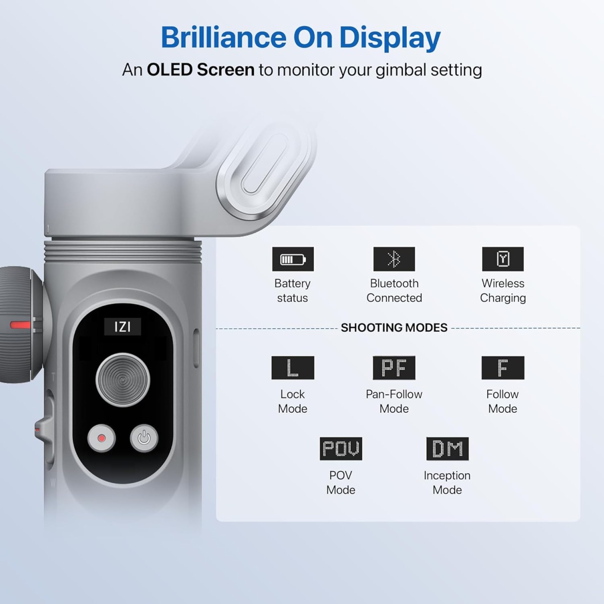 IZI GO-X Smartphone Handheld Gimbal Stabilizer, 3-Axis, OLED Display, LED Fill Light, Wireless Charge Pad, Android, iPhone, Live Video, Instagram, YouTube, Shot Guide, Smart AI Track, Portable Gimbal.