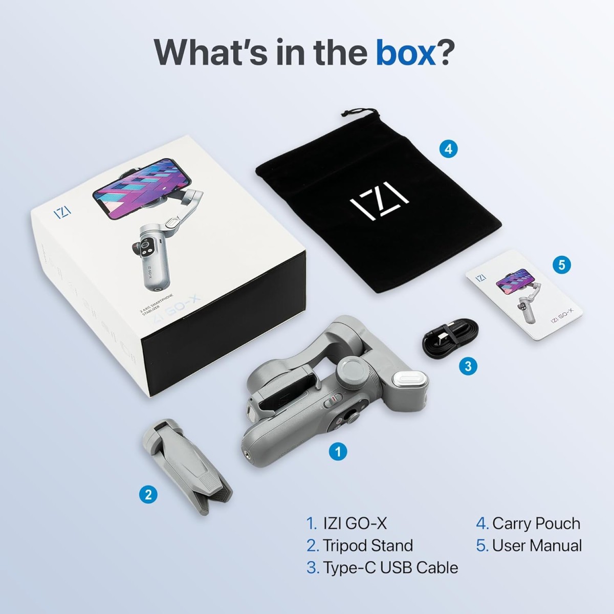 IZI GO-X Smartphone Handheld Gimbal Stabilizer, 3-Axis, OLED Display, LED Fill Light, Wireless Charge Pad, Android, iPhone, Live Video, Instagram, YouTube, Shot Guide, Smart AI Track, Portable Gimbal.