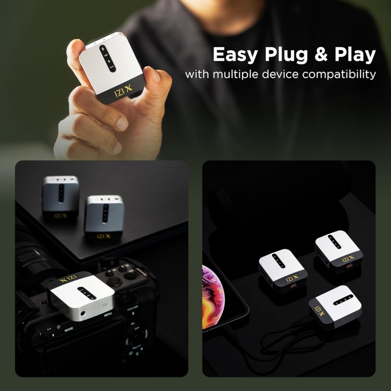 IZI X Dual Channel Wireless Microphone, 360° Omnidirectional, 120M Range, 16Hr Playback, Active Noise Cancellation, Fast Charging, DSLR & Android/iOS Compatible, Ideal for Vlogging IZI X Dual Channel Wireless Microphone, 360° Omnidirectional, 120M Range, 16Hr Playback, Active Noise Cancellation, Fast Charging, DSLR & Android/iOS Compatible, Ideal for Vlogging