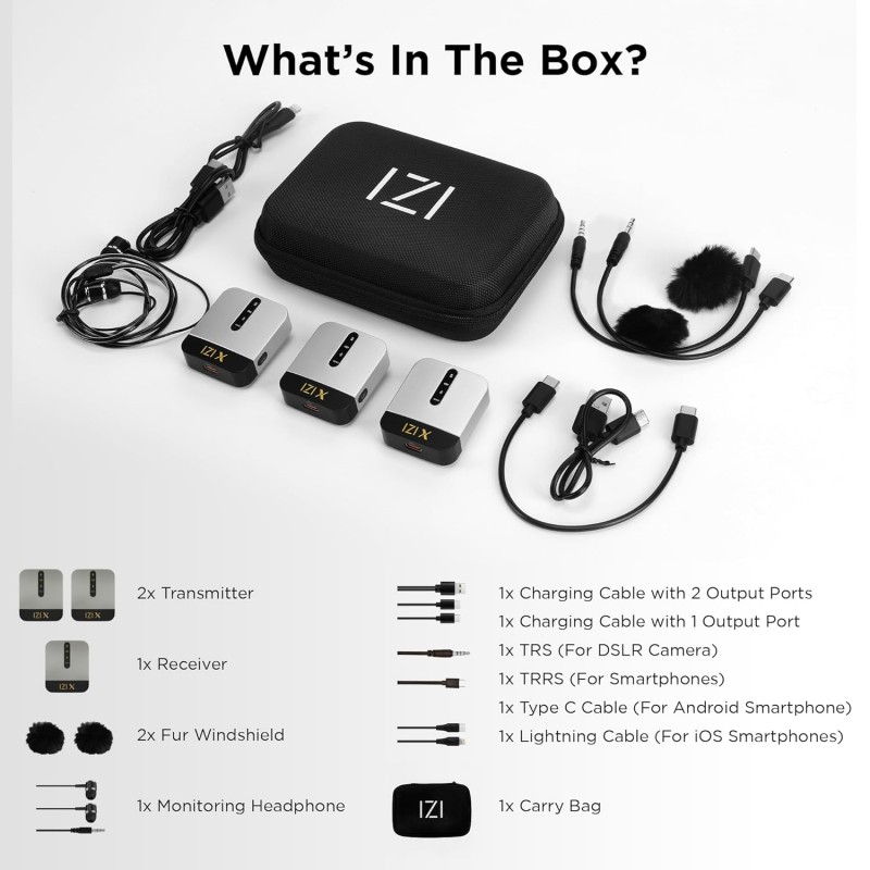 IZI X Dual Channel Wireless Microphone, 360° Omnidirectional, 120M Range, 16Hr Playback, Active Noise Cancellation, Fast Charging, DSLR & Android/iOS Compatible, Ideal for Vlogging IZI X Dual Channel Wireless Microphone, 360° Omnidirectional, 120M Range, 16Hr Playback, Active Noise Cancellation, Fast Charging, DSLR & Android/iOS Compatible, Ideal for Vlogging