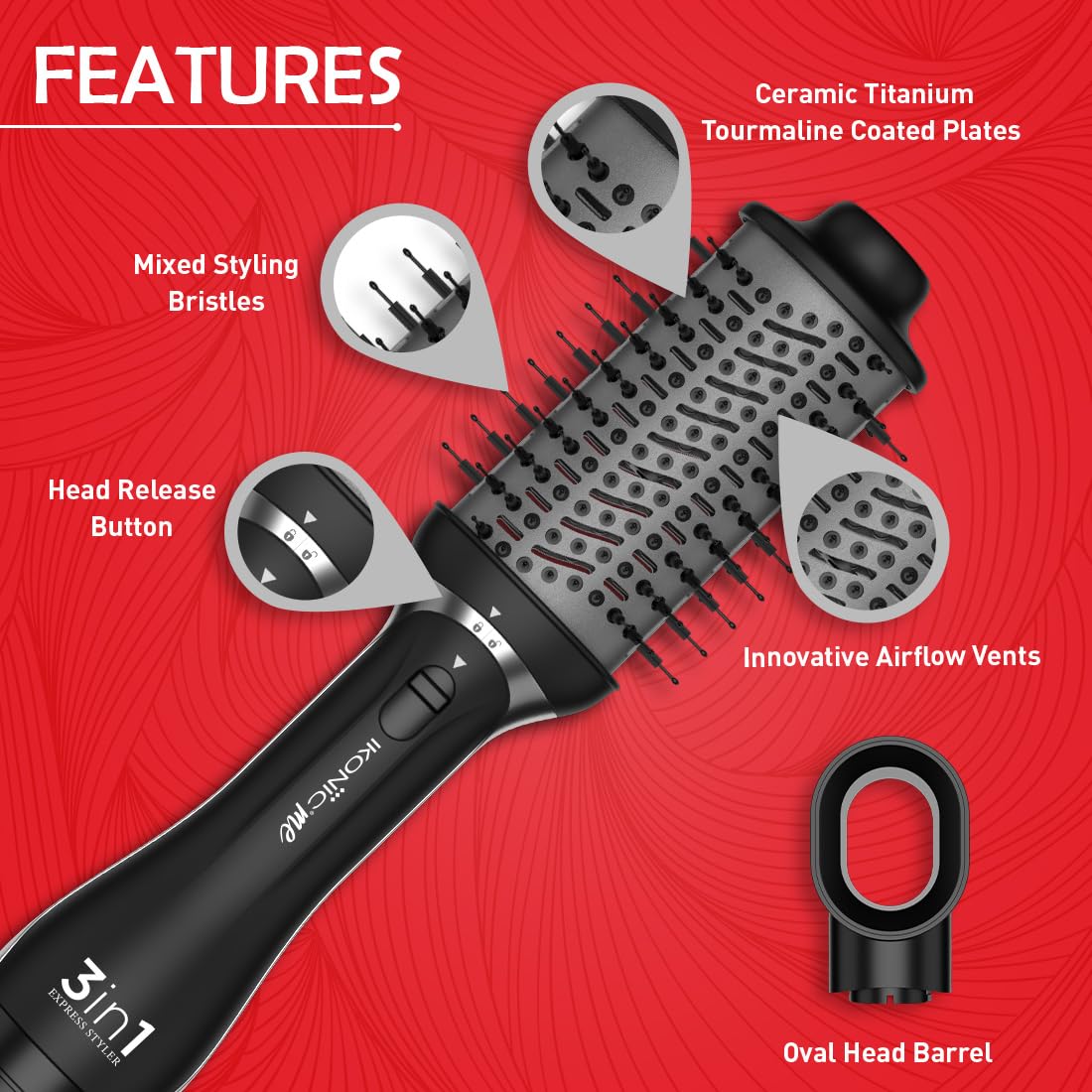 Ikonic 3 in 1 Express Styler Black, Professional Volumizer Blow Dryer 1200W Hot Air Brush for Women Innovative Air Flow Vents Mixed Styling Bristles Ceramic Titanium Tourmaline-Coated Brush Head, Multi Hair Styler for 75% shinier blowouts results. Ikonic 3 in 1 Express Styler Black, Professional Volumizer Blow Dryer 1200W Hot Air Brush for Women Innovative Air Flow Vents Mixed Styling Bristles Ceramic Titanium Tourmaline-Coated Brush Head, Multi Hair Styler for 75% shinier blowouts results.