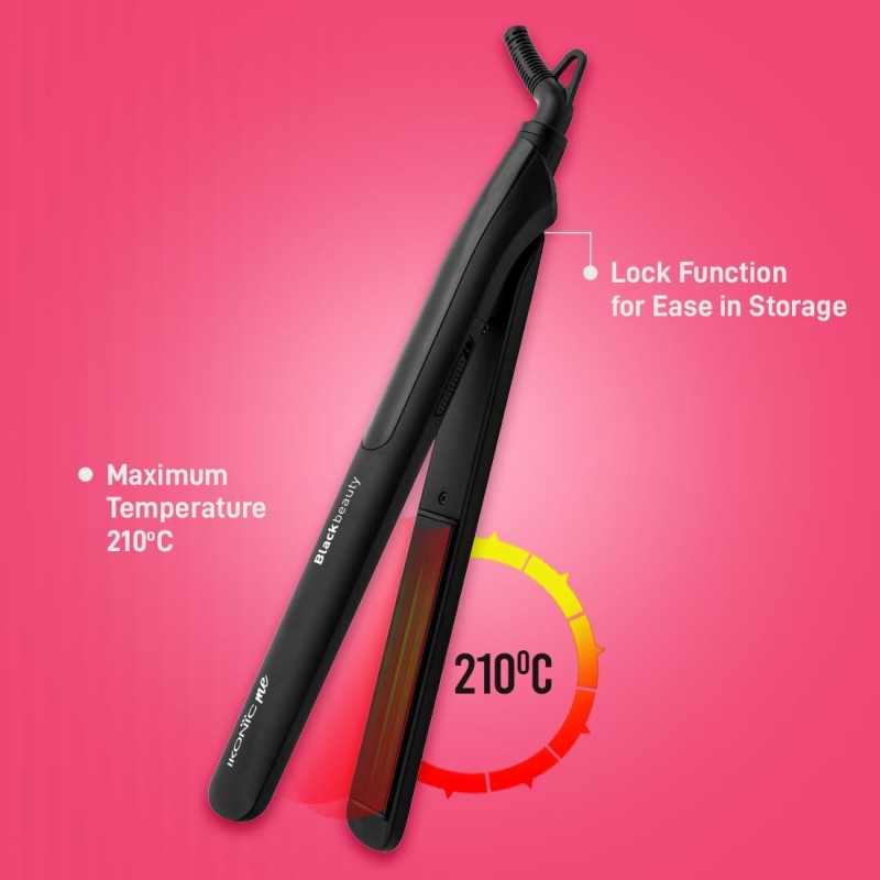 Ikonic Black Beauty Hair Straightener For Women, Ceramic Coated Floating Plates Handle Lock Feature Instant Heat Up Techonoly, Super Slim and Light Weight, Travel Friendly Sutiable for All Hair Types