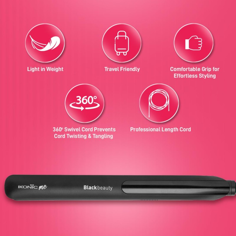 Ikonic Black Beauty Hair Straightener For Women, Ceramic Coated Floating Plates Handle Lock Feature Instant Heat Up Techonoly, Super Slim and Light Weight, Travel Friendly Sutiable for All Hair Types