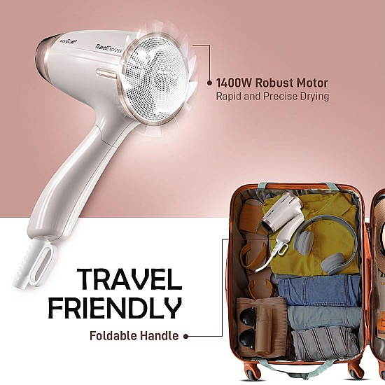 Ikonic Travel Express Foldable Hair Dryer Adustable Two Speed Setting Fast Drying 1400W, Compact Design Travel Friendly, All Hair Type, For Men & Women