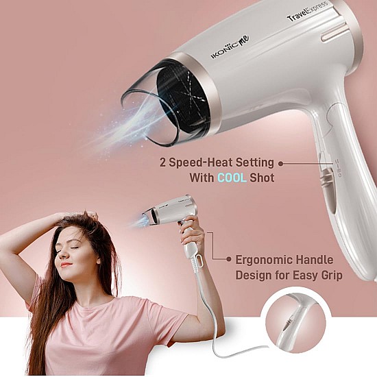 Ikonic Travel Express Foldable Hair Dryer Adustable Two Speed Setting Fast Drying 1400W, Compact Design Travel Friendly, All Hair Type, For Men & Women