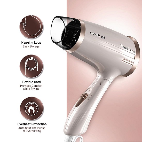 Ikonic Travel Express Foldable Hair Dryer Adustable Two Speed Setting Fast Drying 1400W, Compact Design Travel Friendly, All Hair Type, For Men & Women