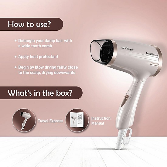 Ikonic Travel Express Foldable Hair Dryer Adustable Two Speed Setting Fast Drying 1400W, Compact Design Travel Friendly, All Hair Type, For Men & Women