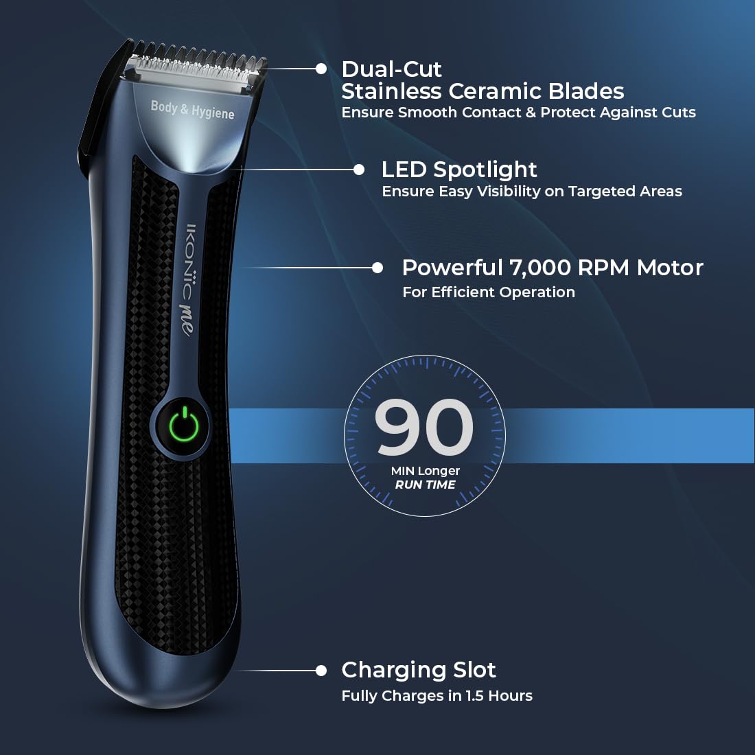Ikonic Trimmer Body and Hygiene Trimmer for Men - Beard, Body, Hair Gromming, With Three Comb Attachment, Waterproof , Advanced Stainless Steel, Battery Runtime Up to 90 Mins, Charging Dock, Color- Blue
