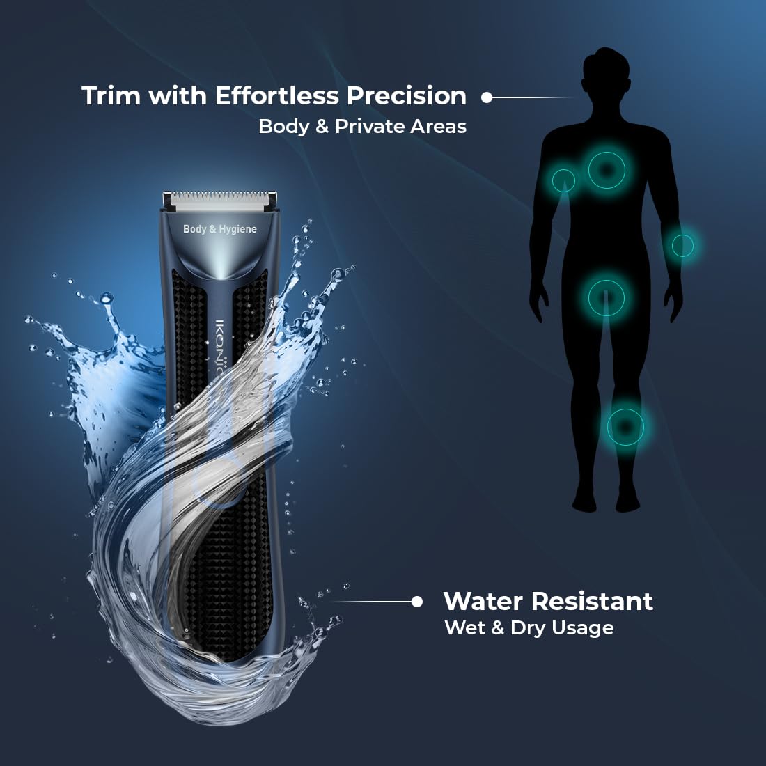 Ikonic Trimmer Body and Hygiene Trimmer for Men - Beard, Body, Hair Gromming, With Three Comb Attachment, Waterproof , Advanced Stainless Steel, Battery Runtime Up to 90 Mins, Charging Dock, Color- Blue