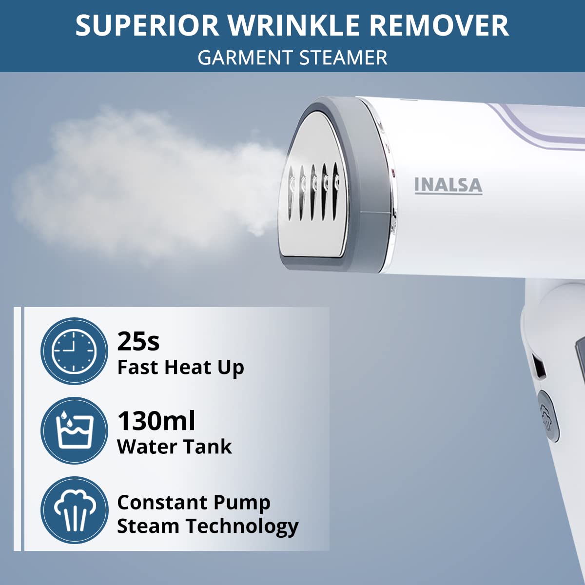 Inalsa Garment Steamer 1250 Watts Steam Iron For Clothes-Vertical & Horizontal roning|Compact & Foldable|Quick Heat Up To 22G/Min, Kills 99.9%*Bacteria|Steamer For Clothes(White/Grey)-Travel Pro
