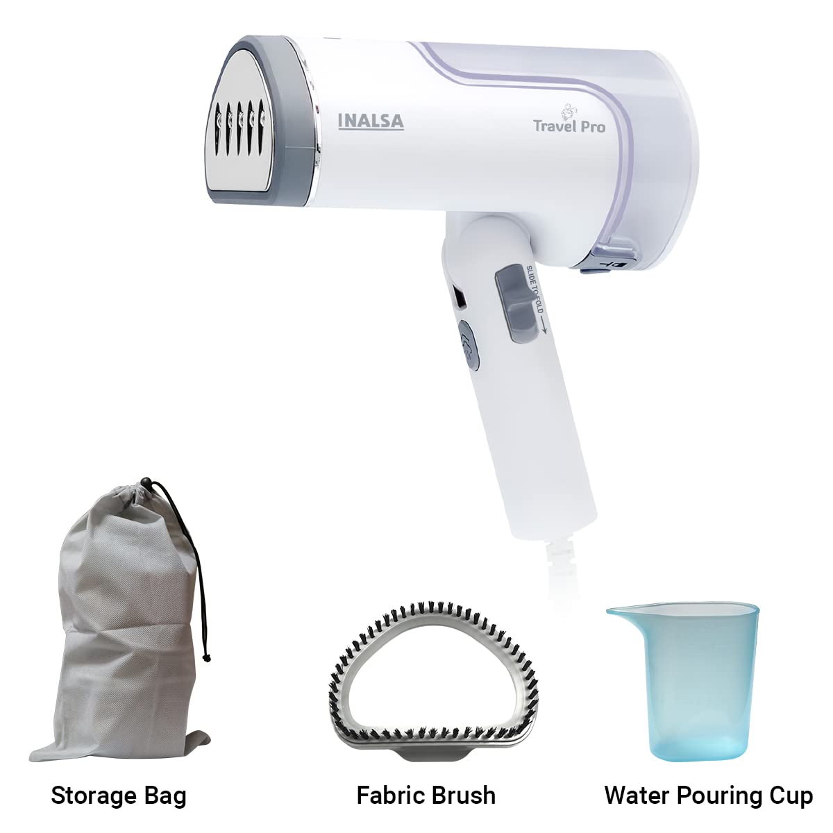 Inalsa Garment Steamer 1250 Watts Steam Iron For Clothes-Vertical & Horizontal roning|Compact & Foldable|Quick Heat Up To 22G/Min, Kills 99.9%*Bacteria|Steamer For Clothes(White/Grey)-Travel Pro