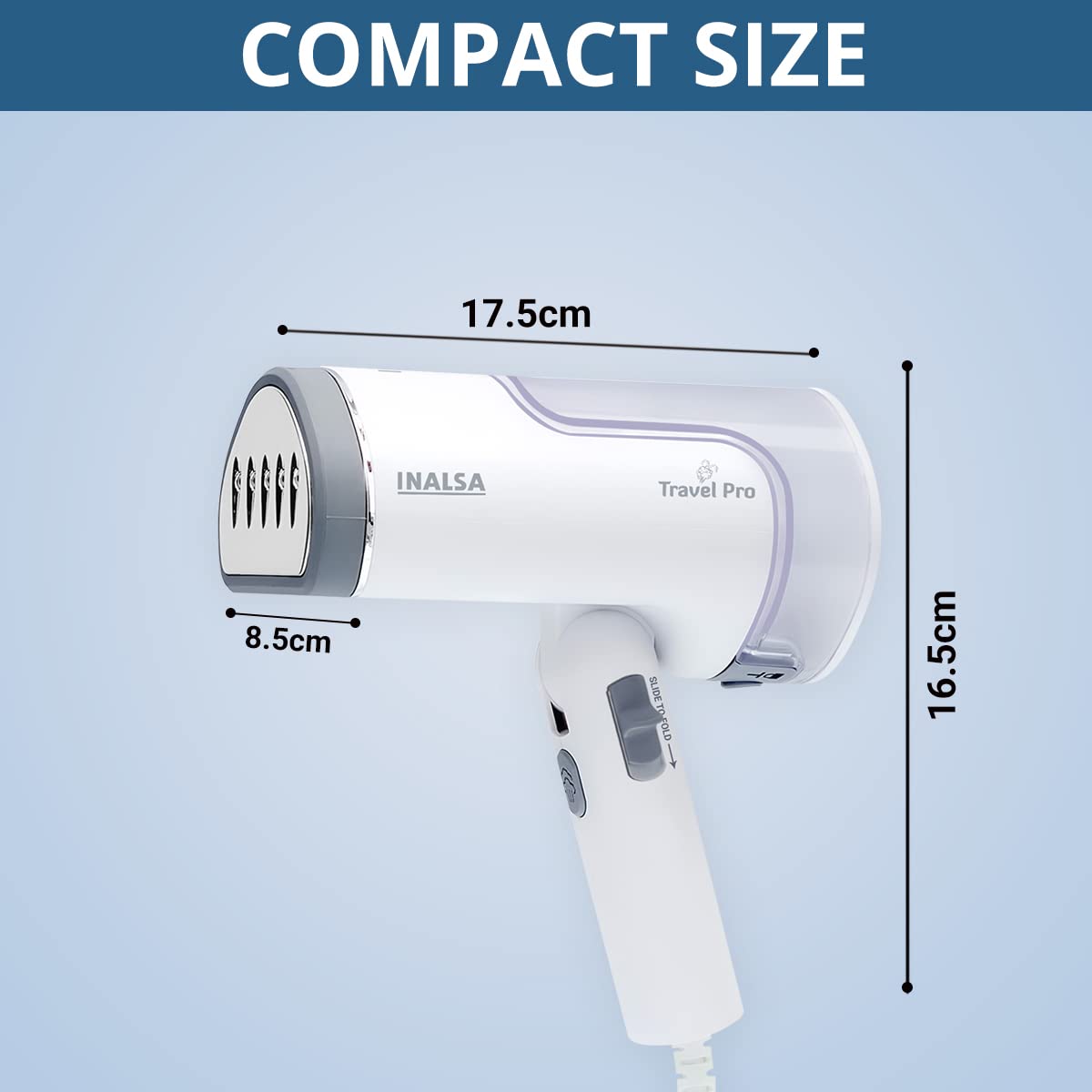 Inalsa Garment Steamer 1250 Watts Steam Iron For Clothes-Vertical & Horizontal roning|Compact & Foldable|Quick Heat Up To 22G/Min, Kills 99.9%*Bacteria|Steamer For Clothes(White/Grey)-Travel Pro