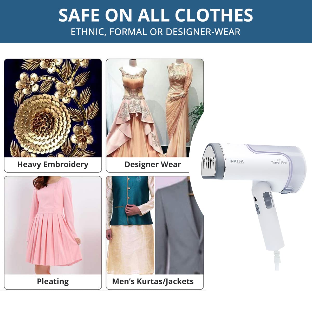 Inalsa Garment Steamer 1250 Watts Steam Iron For Clothes-Vertical & Horizontal roning|Compact & Foldable|Quick Heat Up To 22G/Min, Kills 99.9%*Bacteria|Steamer For Clothes(White/Grey)-Travel Pro