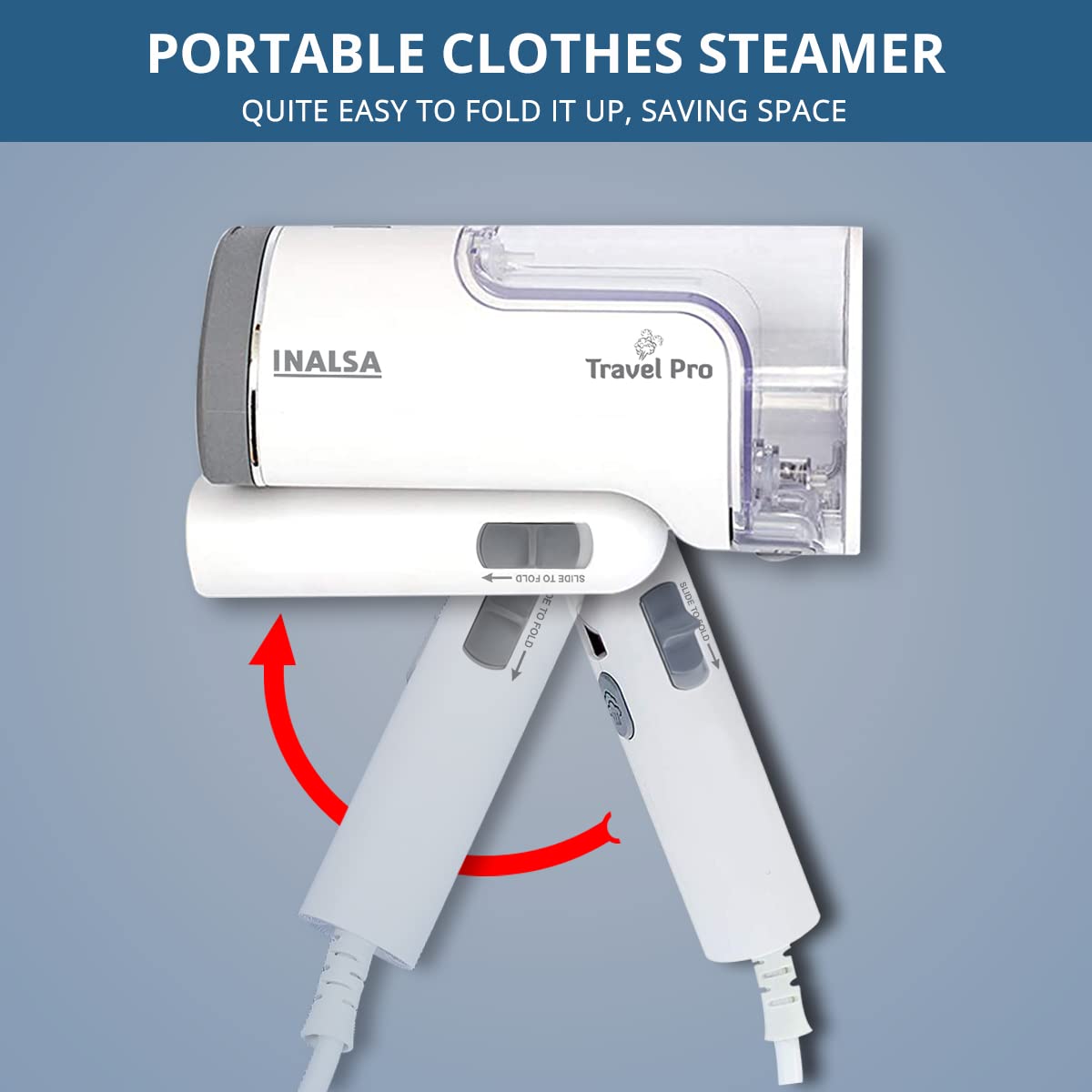 Inalsa Garment Steamer 1250 Watts Steam Iron For Clothes-Vertical & Horizontal roning|Compact & Foldable|Quick Heat Up To 22G/Min, Kills 99.9%*Bacteria|Steamer For Clothes(White/Grey)-Travel Pro